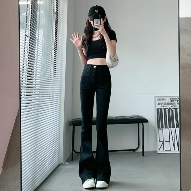 【1008】年春秋季新品微喇叭牛仔裤女高腰弹力显瘦长裤小个子-