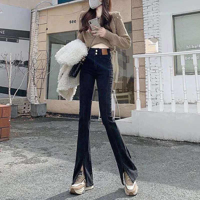 2024秋冬款黑色开叉微喇叭牛仔裤女小个子高腰显瘦弹力拖地裤子潮