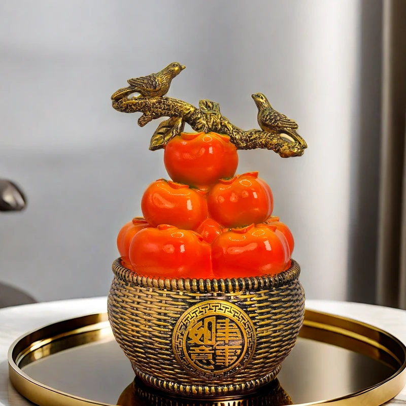 电视柜吉祥物创意高档中式玄关财神摆设新房描金书房手工柿子宝盆