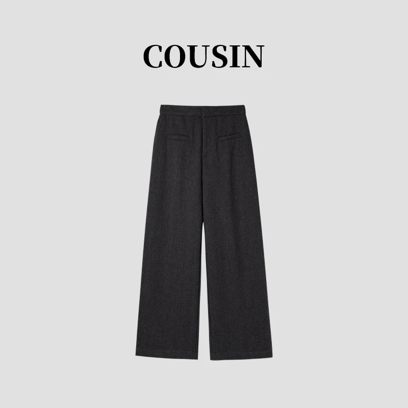 D.cousin 大表姐 秋冬时尚高级感人字纹羊毛九分西裤女 1674