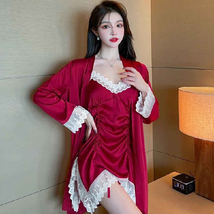 2024新款性感睡衣女蕾丝吊带睡裙两件套睡袍新娘冰丝夏季高级春秋