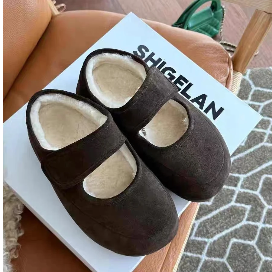 诗歌兰真皮女鞋2025冬新款复古厚底魔术贴保暖羊毛勃肯鞋玛丽珍鞋