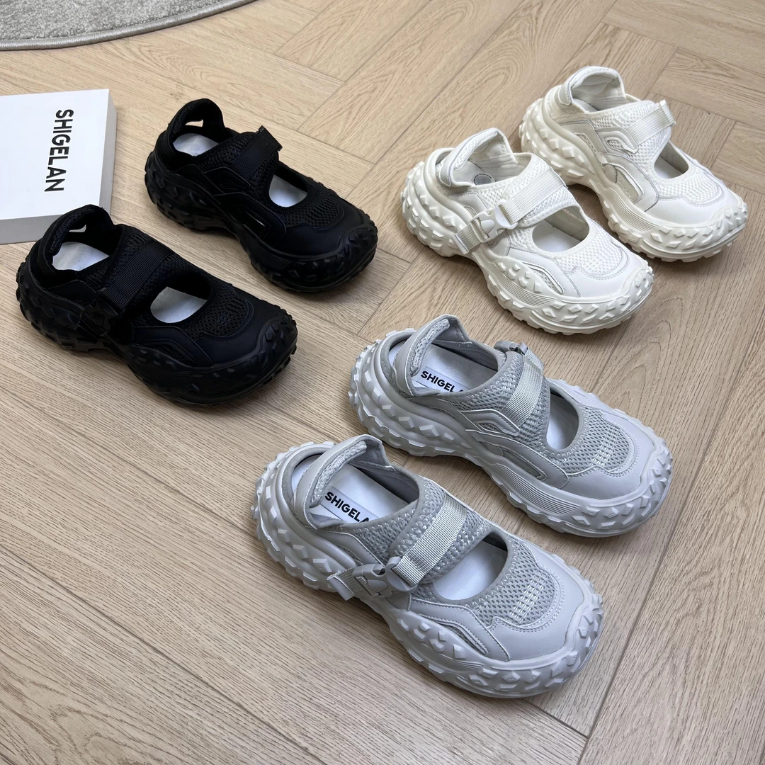 诗歌兰真皮女鞋2024夏新品厚底魔术贴休闲网面乐福鞋老爹鞋玛丽珍