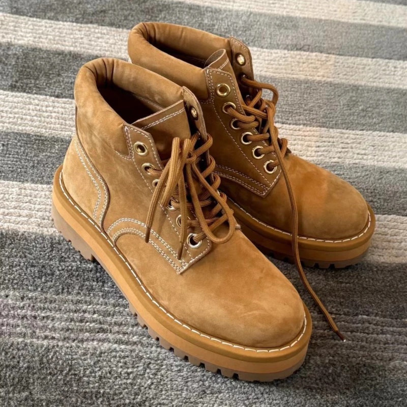 欧货真皮女靴厚底系带时尚百搭复古户外英伦风靴子大黄靴马丁靴潮