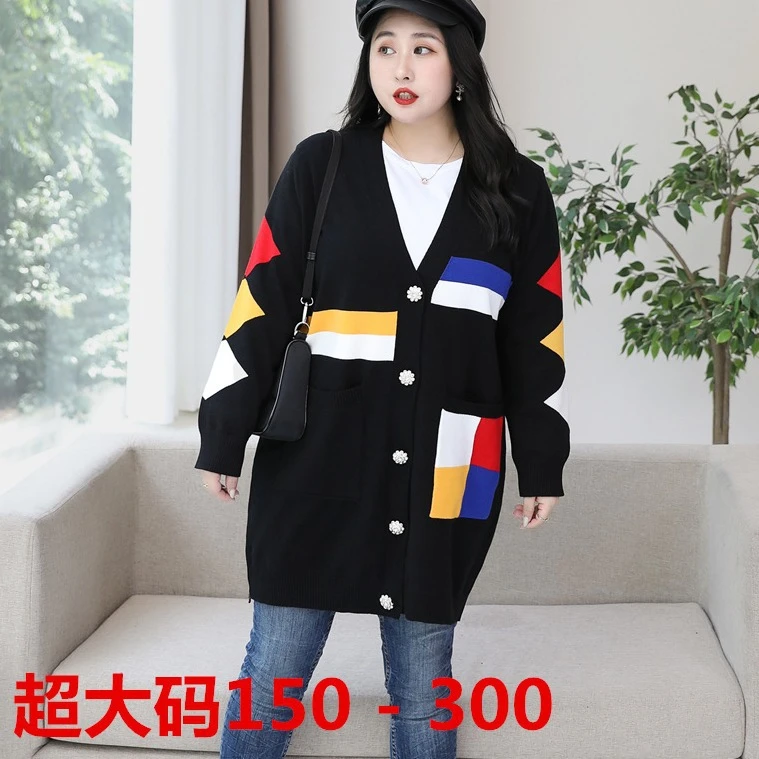 MY112#GX秋冬装新款300斤大码中长款黑色针织编织外套毛衣