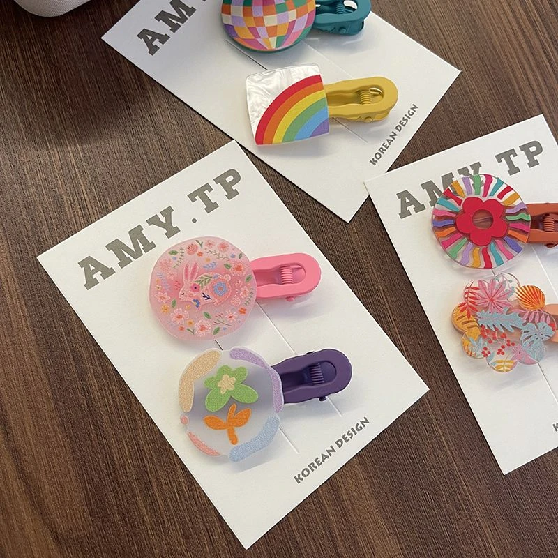 韩国儿童发夹彩色亚克力几何手绘涂鸦花朵刘海大号发卡女童碎发夹