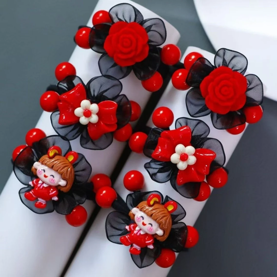 新款黑色粗皮筋高弹力头花扎头发玫瑰儿童无接缝发圈粗发绳绢花