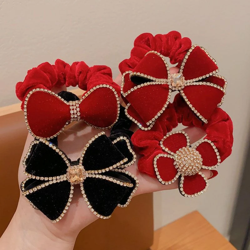 儿童蝴蝶结头绳红色丝绒水钻发圈女童新年发绳发饰女孩过年头饰