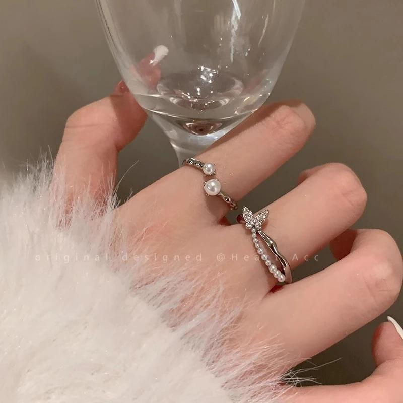 铜合金亚克力戒指 s925银针轻奢小众双层叠戴超闪满钻蝴蝶戒指女