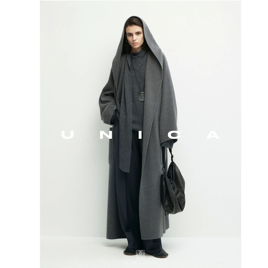 UNICA经典万年款慵懒连帽_gao端蓬松加厚双面呢女巫大衣
