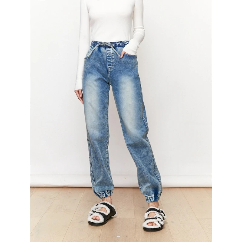 UNICA【现货5折】强推必败加绒不臃肿_秋冬做旧水洗松紧牛仔运动裤