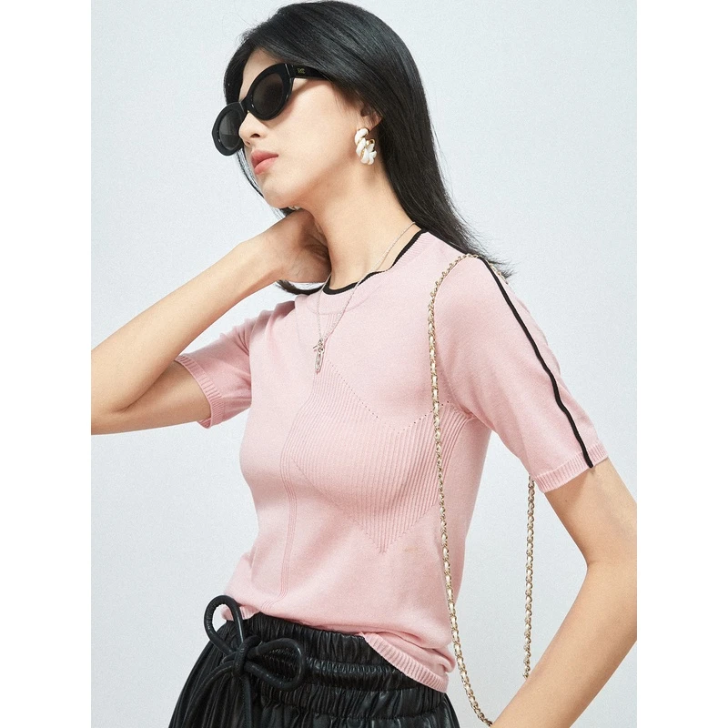 【现货6折】立体撞色线镂空花型_凉感醋酸棉_透气设计针织T恤