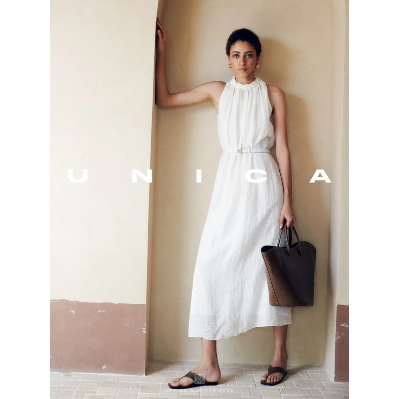 UNICA/南法度假_进口皱感亚麻_手编领挂脖连衣裙