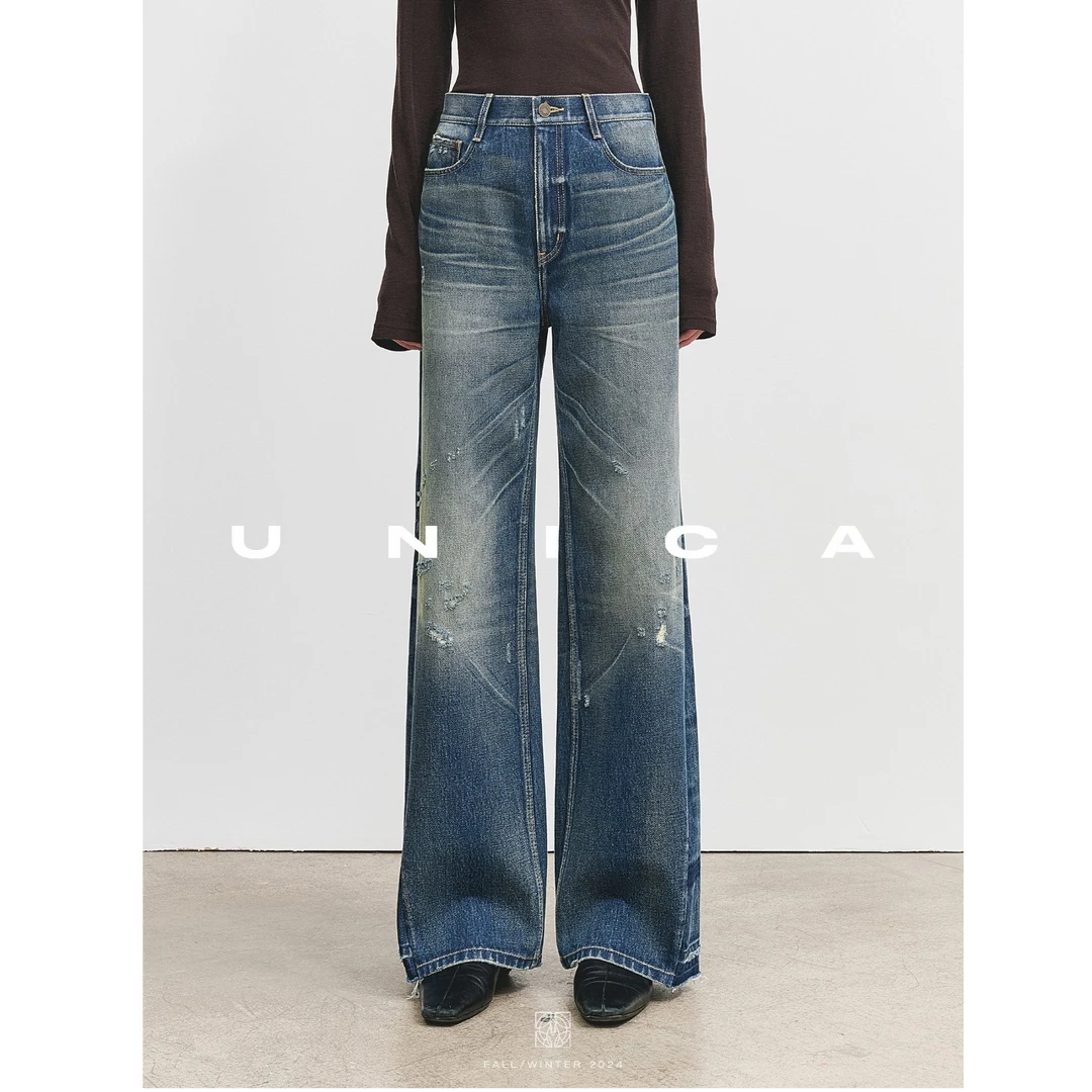 UNICA/拼色水洗土耳其进口牛仔分割线裂纹破洞显瘦修腿直筒牛仔裤