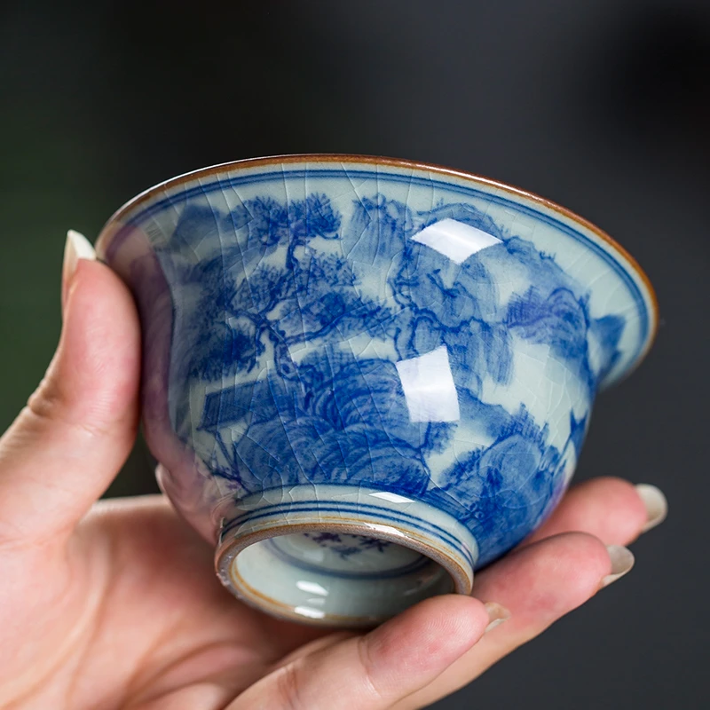 柴窑青花山水主人杯景德镇陶瓷老陶泥茶具压手杯纯手工手绘家大号