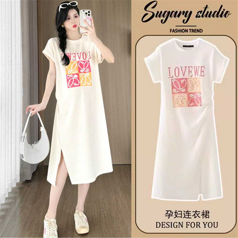 孕妇夏装短袖开叉时尚宽松夏天薄款连衣裙2025新款小个子裙子夏款