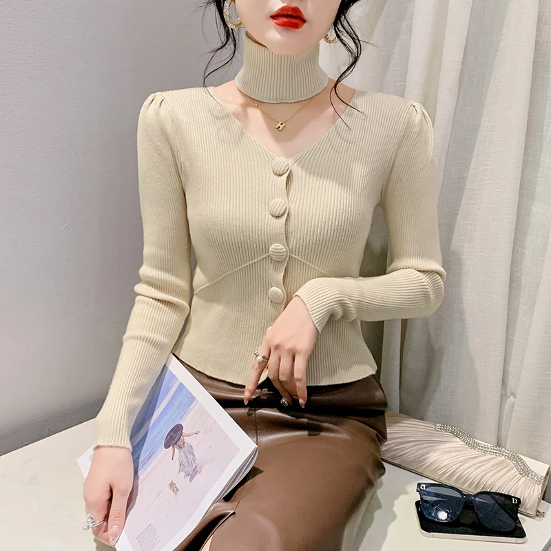 YH#围脖高领红色毛衣女新款开叉针织修身长袖打底衫DY7430