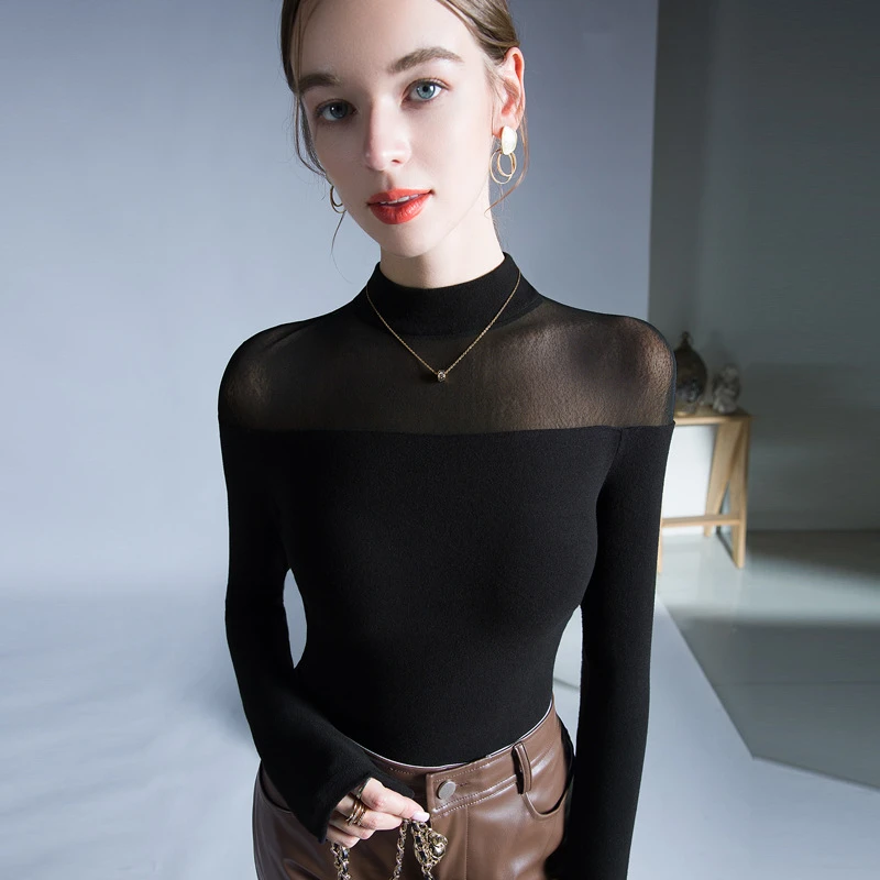 YH#微透性感网纱拼接打底衫洋气内搭冬季新款半高领T恤DF718