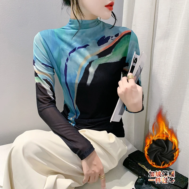 YH#【常规/加绒】高领长袖网纱印花T恤女秋冬修身打底衫DY-DF291