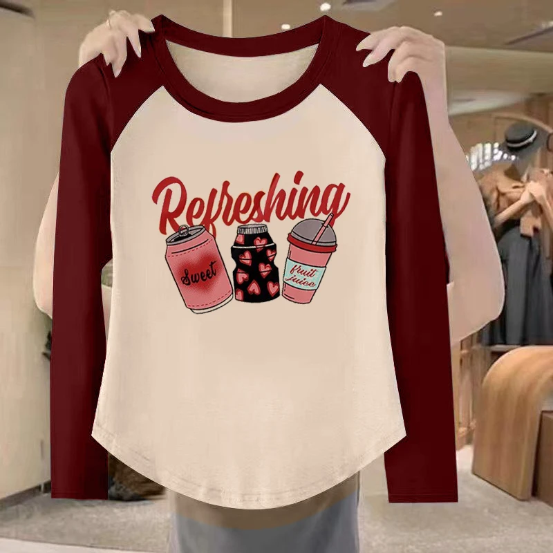 饮料显瘦女士t恤长袖印花撞色百搭时尚圆领拼接ins宽松修身打底衫