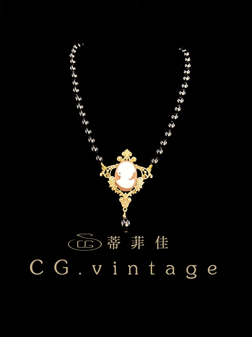 铜合金珐琅项链 CG.vintage【卡梅奥项链】手工白色复古女王金色