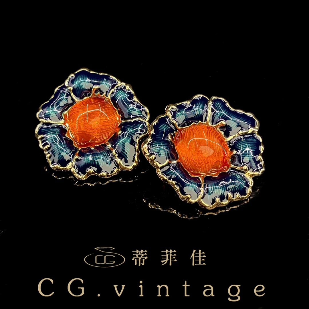 铜合金珐琅耳饰 CG.vintage【0093】复古古风彩色中古镶嵌手工