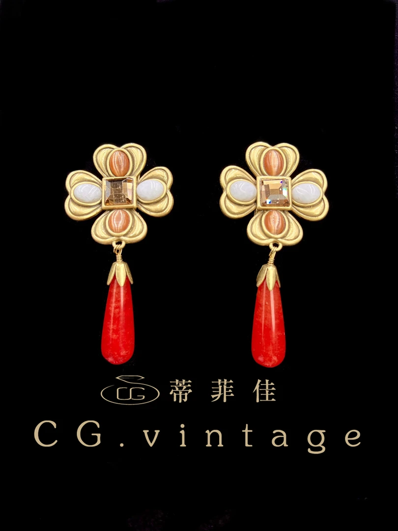 铜合金珐琅耳饰 CG.vintage【红色四叶草】手工复古古风气质时尚