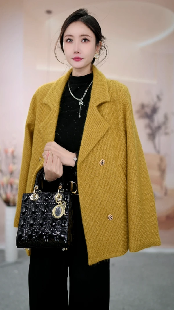 Y051小香风春秋气质短款时尚毛呢格子秋冬外套-悠悠