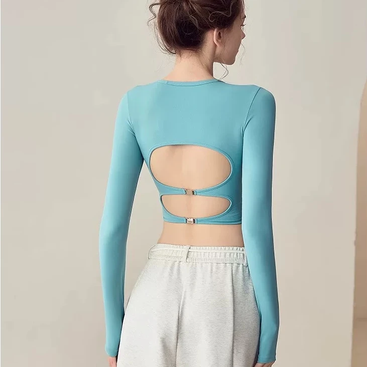 带胸垫瑜伽服女镂空美背运动长袖紧身性感健身上衣辣妹紧身训练服