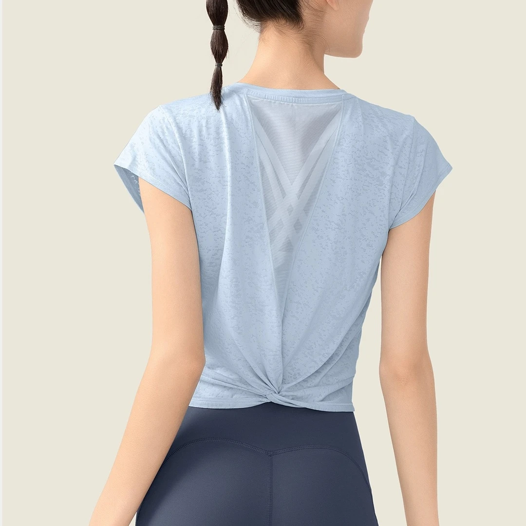 运动T恤女速干短袖瑜伽服套装上衣网纱透气晨跑步轻薄罩衫健身衣
