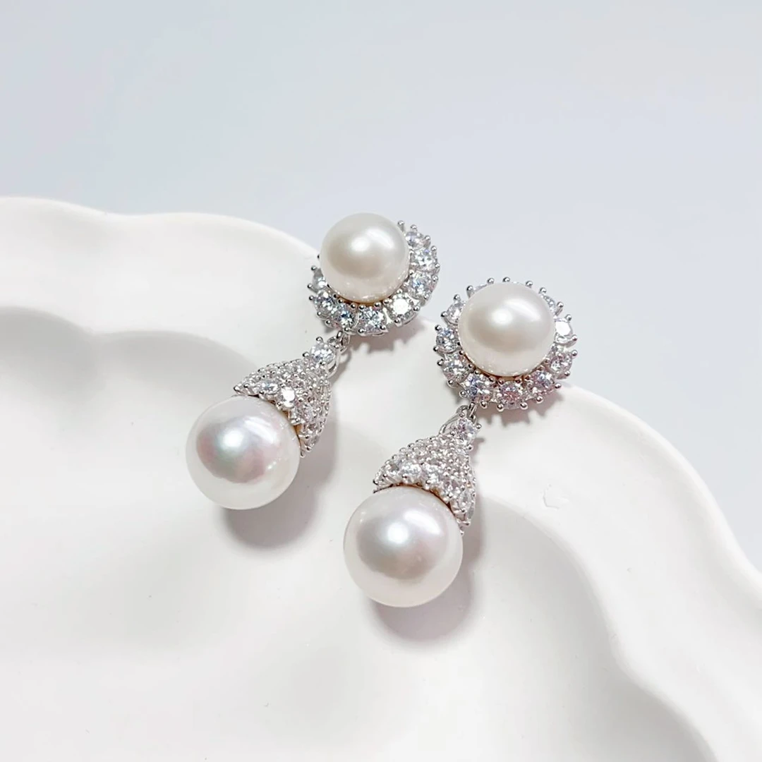 【大D】淡水强光近正圆豪镶版欧美复古宫廷耳钉/8-12MM