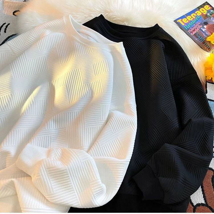 美式痞帅卫衣男春秋款高级感浮纹宽松潮牌复古打底衫外套上衣服