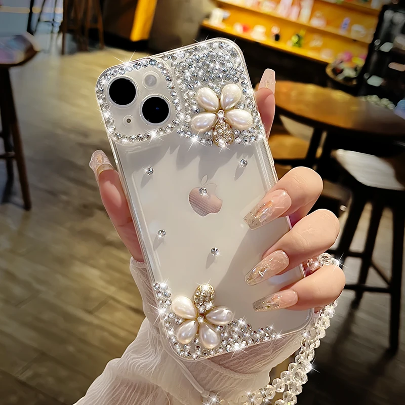 适用苹果15全包网红17promax防摔14plus四钻花女神16手机壳苹果13