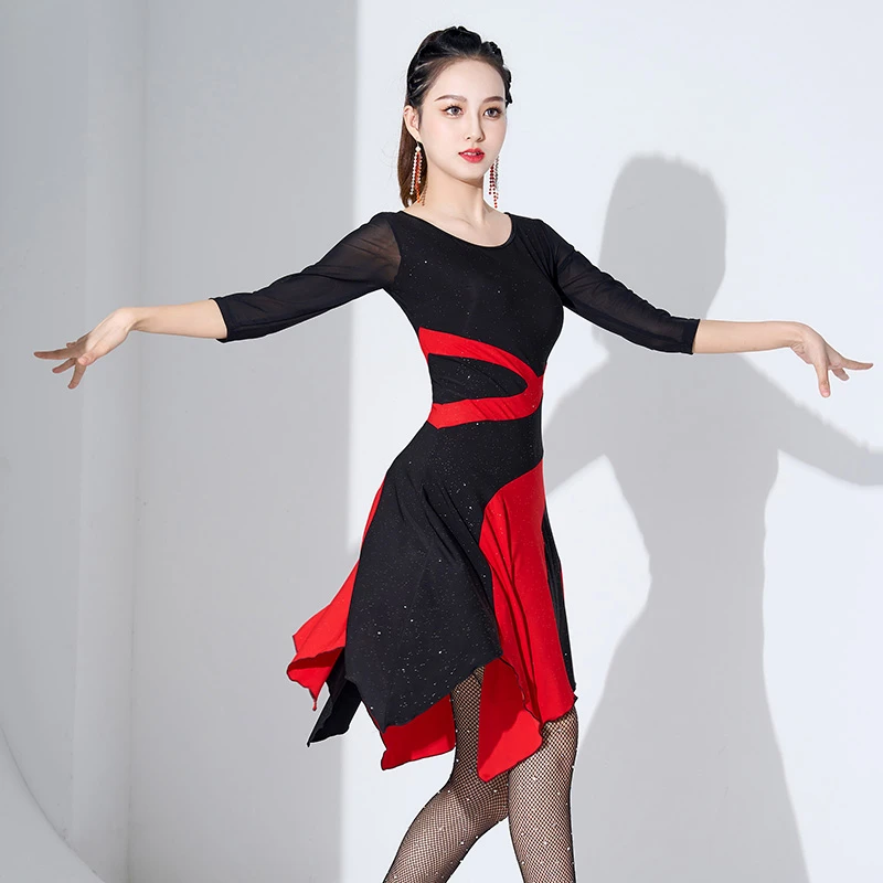 黑红撒金不规则下摆拉丁舞蹈连衣裙广场舞吉特巴女舞蹈练习裙1077