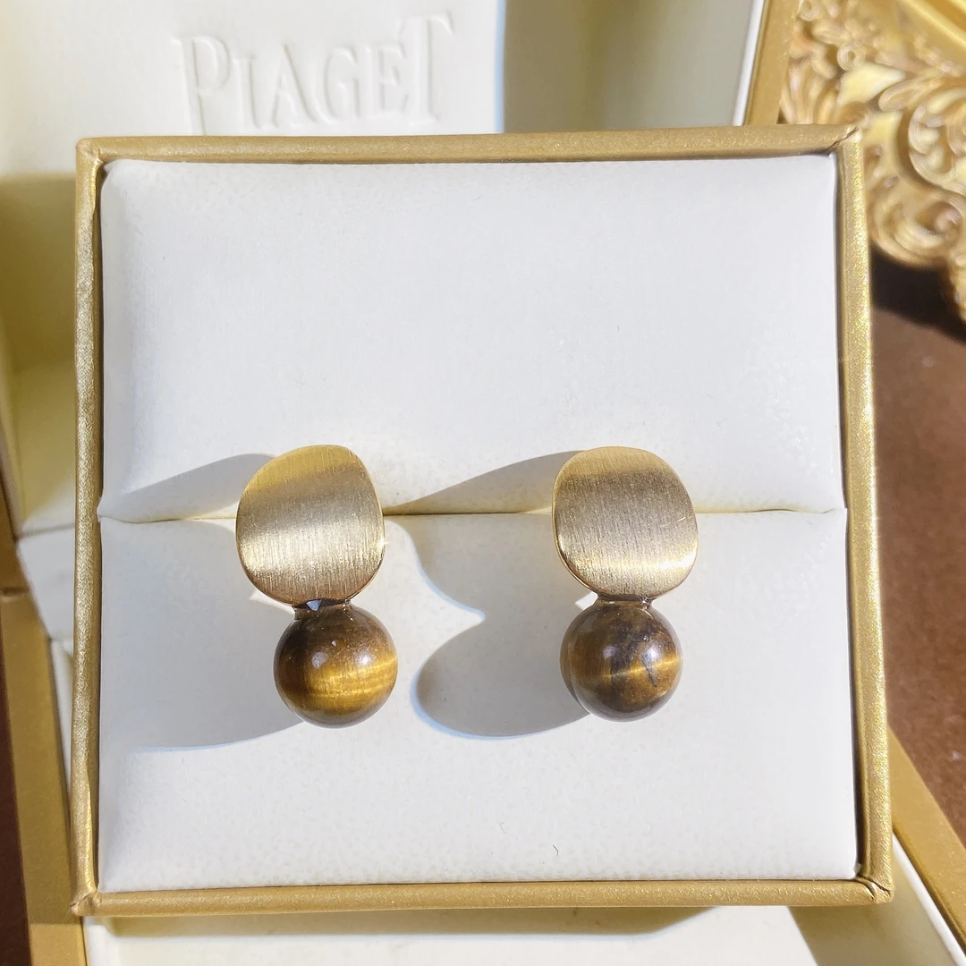 铜合金耳饰 Hiluck磨砂半圆虎眼石吊坠耳钉复古百搭耳饰！