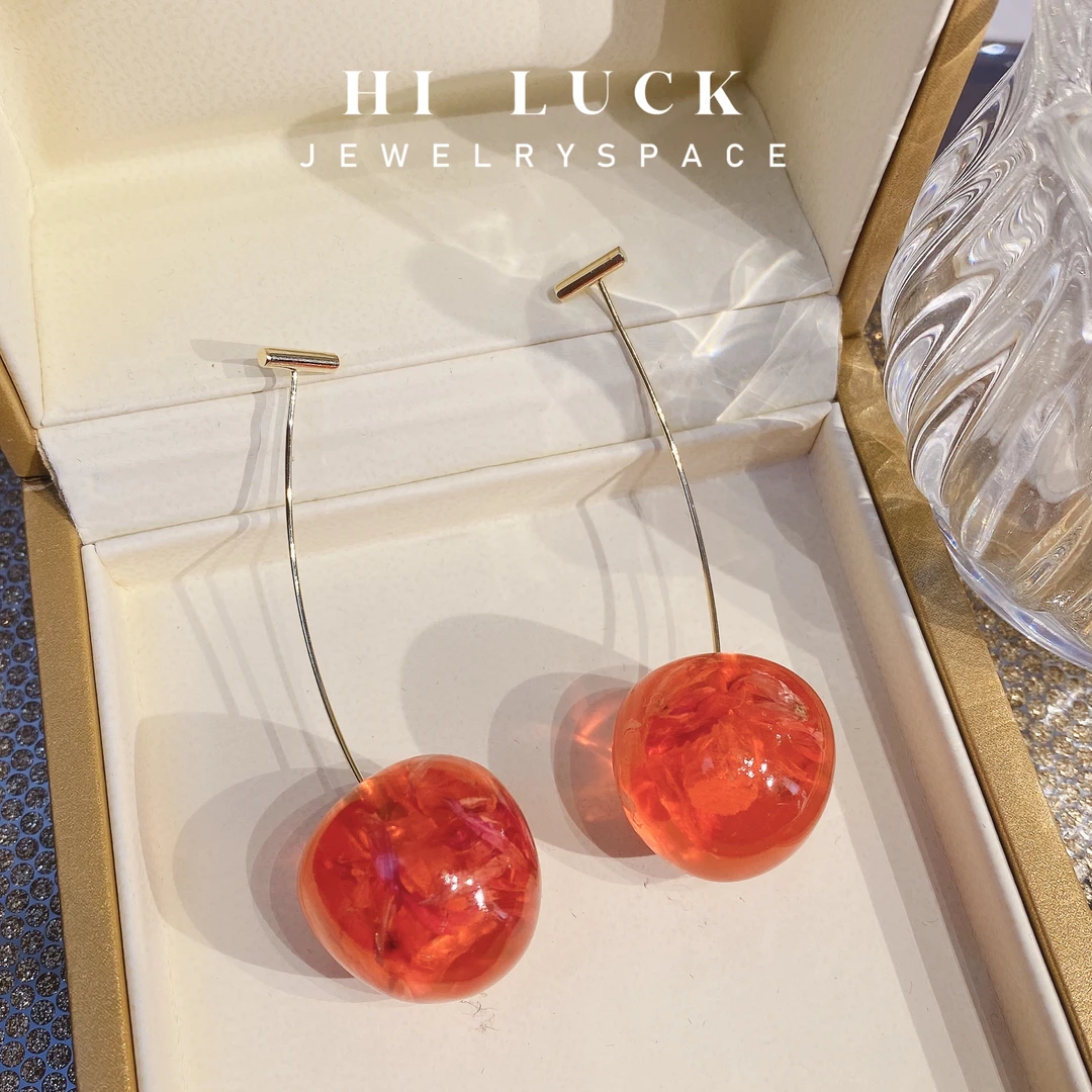 铜合金耳饰 Hiluck甜美长款流苏红色小樱桃吊坠耳环百搭气质女！