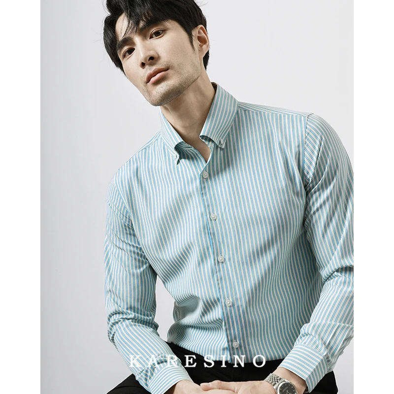 KARESINO高抗皱超细旦纤维 男士商务一片领休闲免烫条纹衬衫长袖