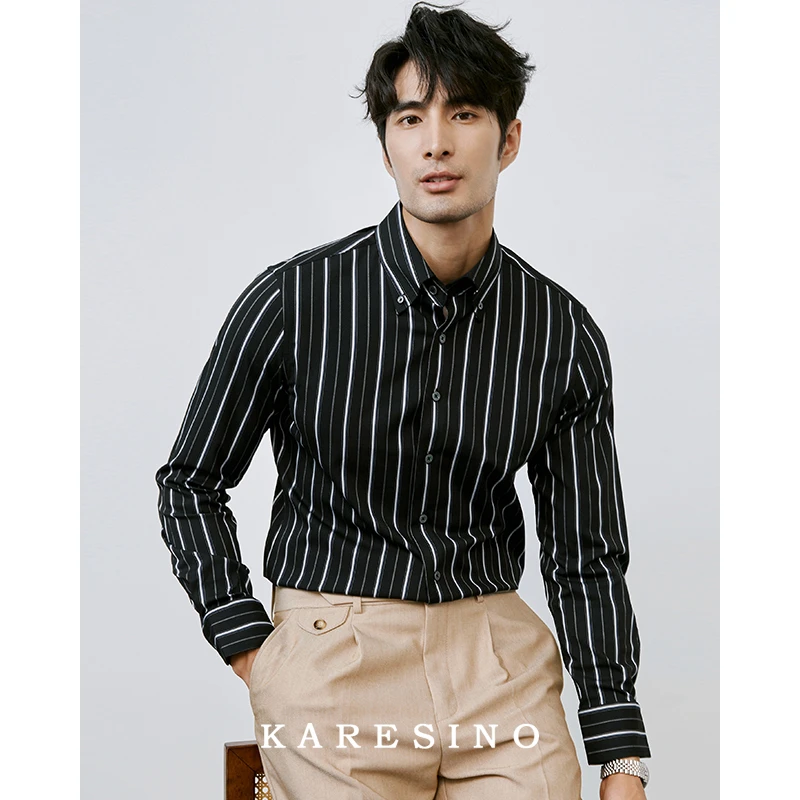 KARESINO男士商务高级感抗皱黑色条纹衬衣修身正装上班长袖衬衫男