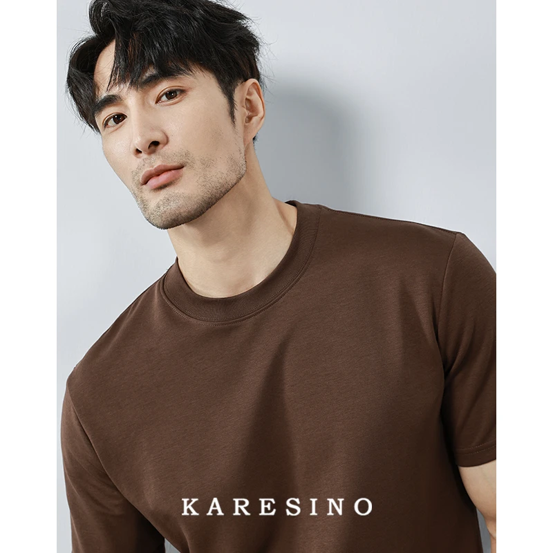 KARESINO长绒棉亲肤透气 夏季男士咖色休闲百搭纯色圆领短袖男t恤