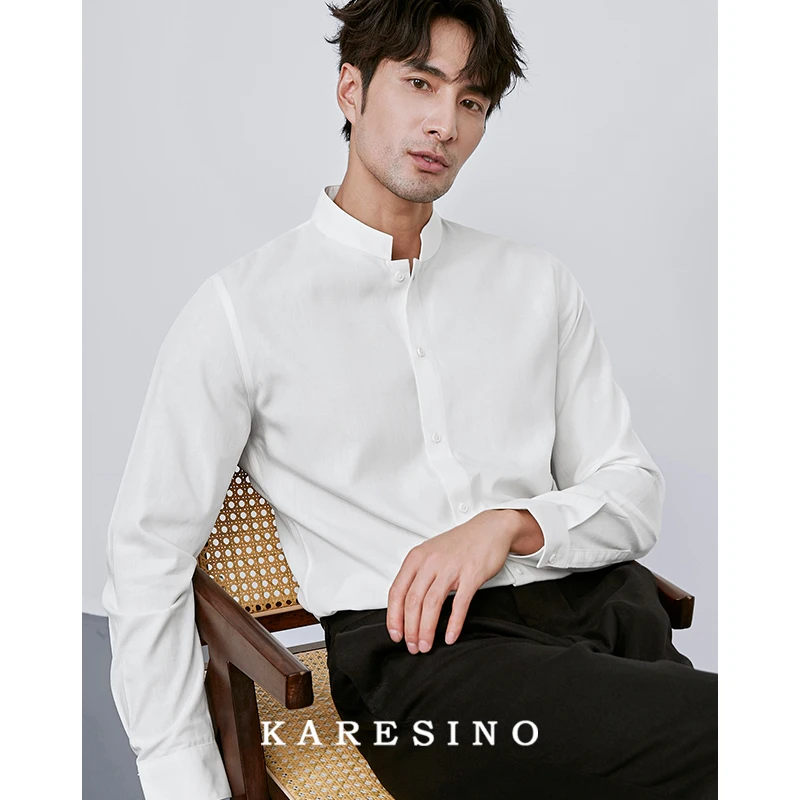 KARESINO秋季商务设计感立领白色衬衫男士高级感休闲免烫衬衣长袖