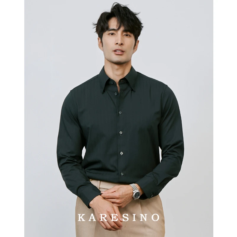 KARESINO绿色条纹衬衫男士修身高级感商务正装免烫休闲长袖衬衣男