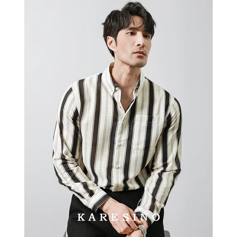 KARESINO男士多口袋免烫休闲痞帅条纹衬衫高级感商务抗皱衬衣长袖