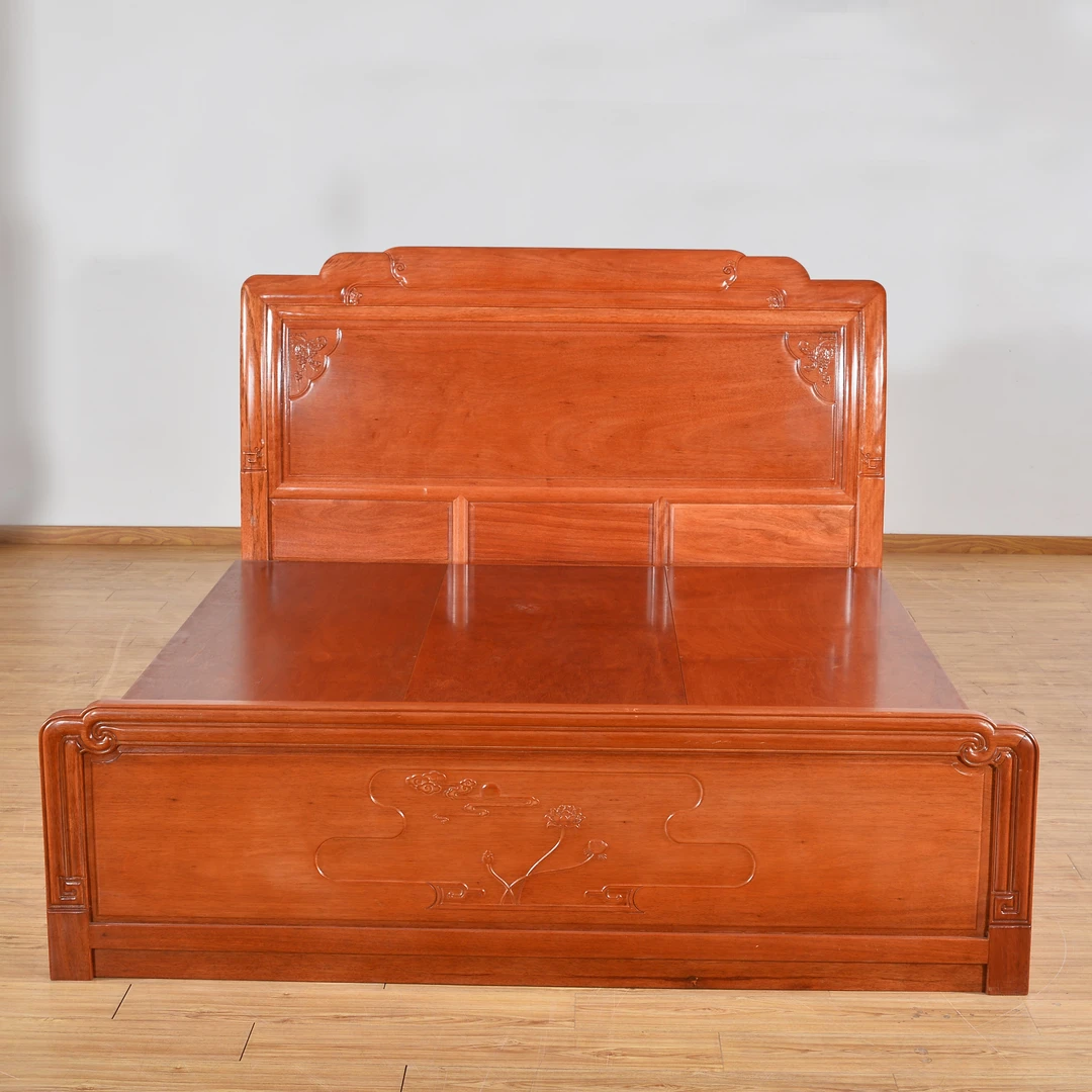 【康明家具】实木经济型家用简约木质雕花储物新中式经典荷花大床