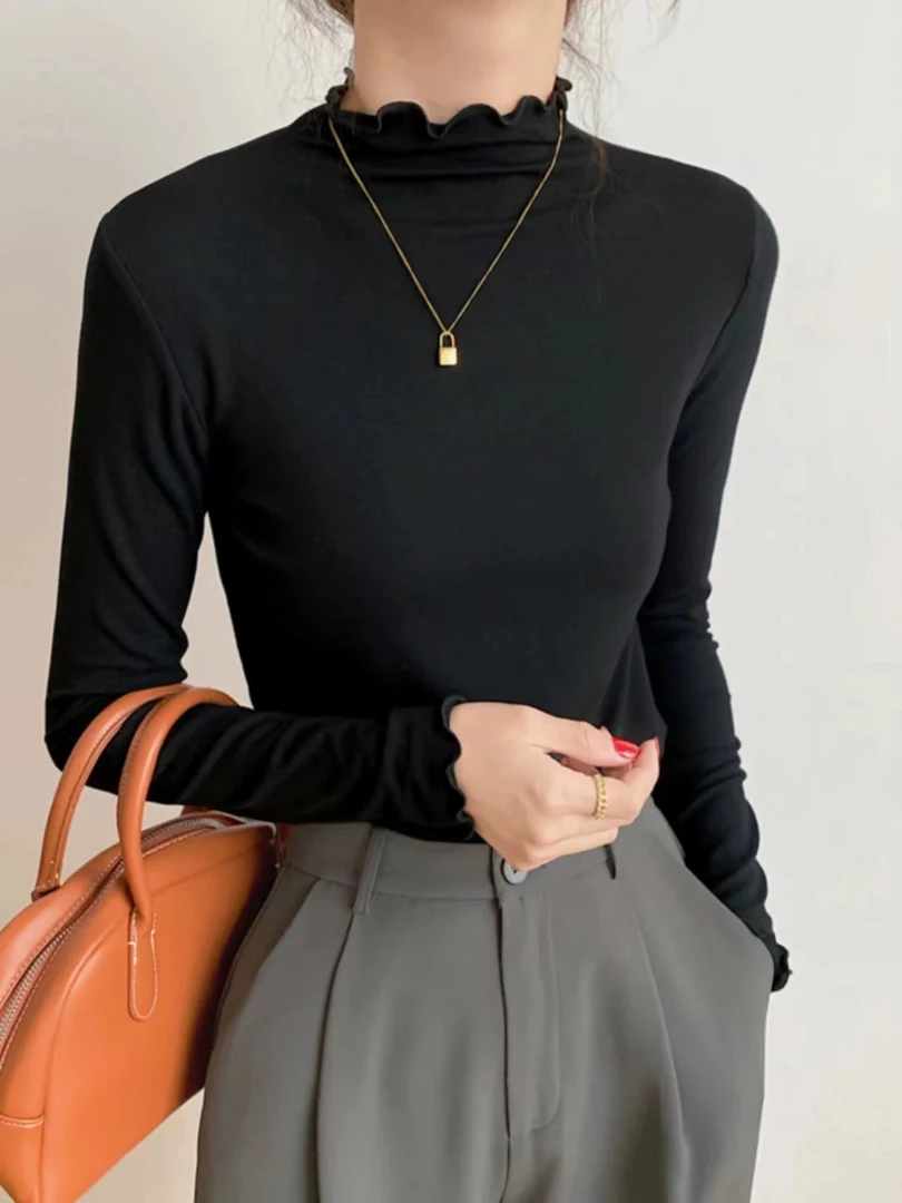 CHUMU/储慕【木耳边半高领T】长袖t恤女秋冬季新款修身内搭打底衫