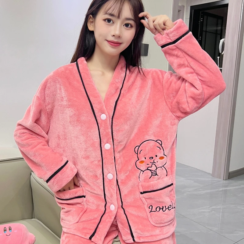 女士睡衣秋冬季加绒长袖保暖甜美法兰绒套装冬款舒适可外穿家居服