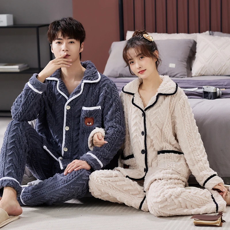 冬季睡衣女加绒加厚新款珊瑚绒情侣睡衣家居服长毛绒剪花套装秋冬
