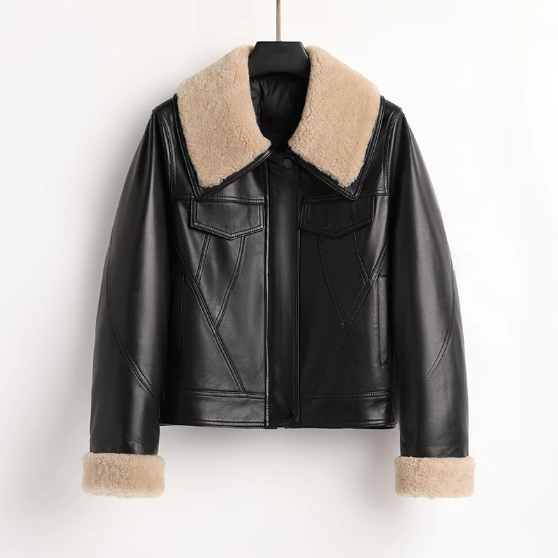 歌珞伊8822时尚女士羊羔毛翻领真皮夹克外套白鹅绒厚款冬季保暖