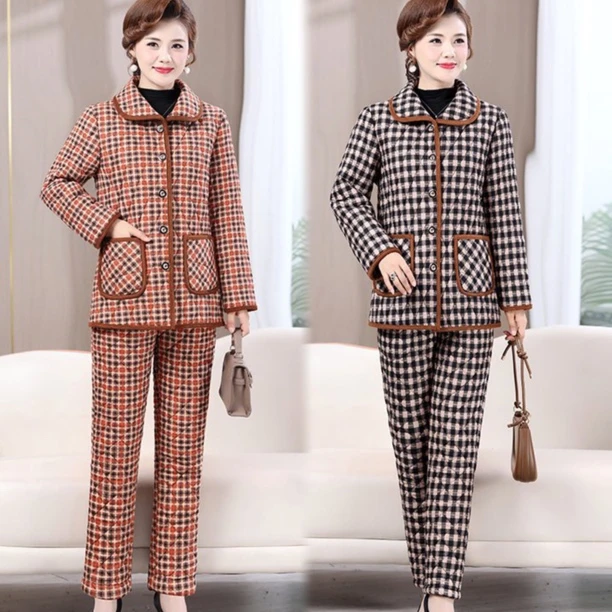 冬季时尚减龄格子套装加绒保暖过冬中老年妈妈装宽松两件套