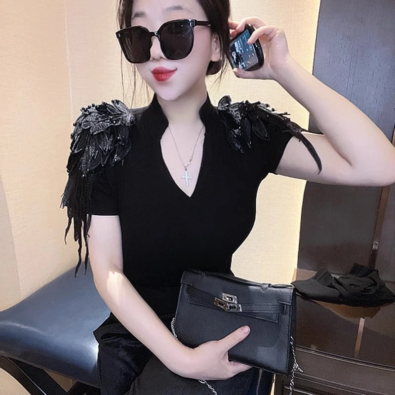时尚小衫网红春夏新款肩章镶钻短袖t恤洋气女装上衣半袖打底衫潮