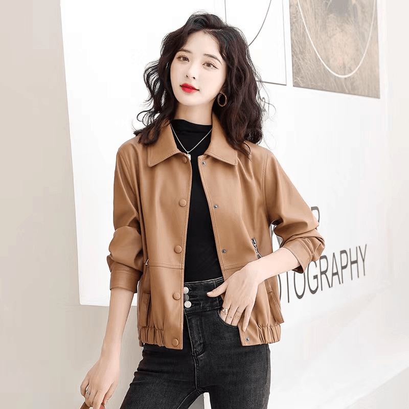 春秋新款时尚休闲女士短款皮夹克美式翻领上衣机车服气质百搭外套